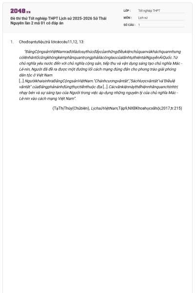 Đề thi thử Tốt nghiệp THPT Lịch sử 2025-2026 Sở Thái Nguyên lần 2 mã 01 có đáp án