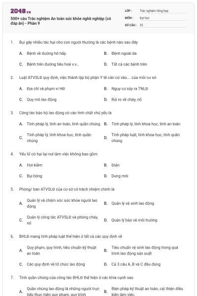 500+ câu Trắc nghiệm An toàn sức khỏe nghề nghiệp (có đáp án) - Phần 9