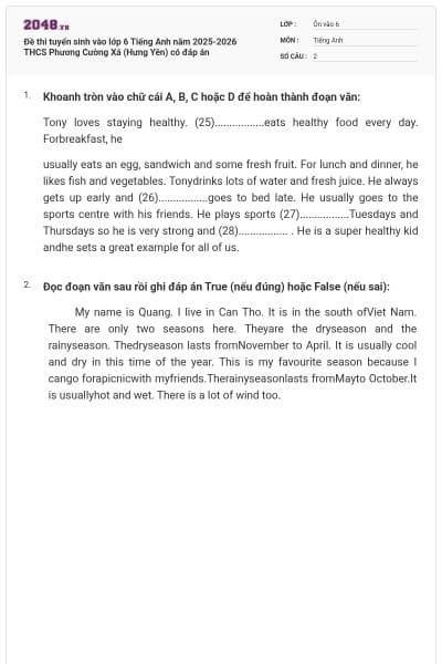Đề thi tuyển sinh vào lớp 6 Tiếng Anh năm 2025-2026 THCS Phương Cường Xá (Hưng Yên) có đáp án