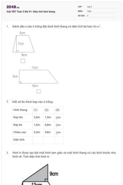 Giải VBT Toán 5 Bài 91: Diện tích hình thang