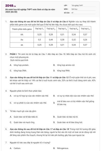 Đề minh họa tốt nghiệp THPT môn Sinh có đáp án năm 2025 (Đề 68)