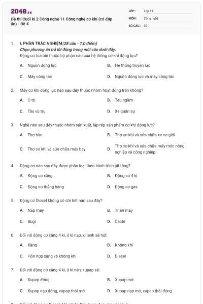 Đề thi Cuối kì 2 Công nghệ 11 Công nghệ cơ khí (có đáp án) - Đề 4