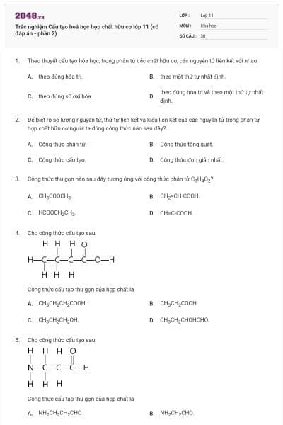 Trắc nghiệm Cấu tạo hoá học hợp chất hữu cơ lớp 11 (có đáp án - phần 2)