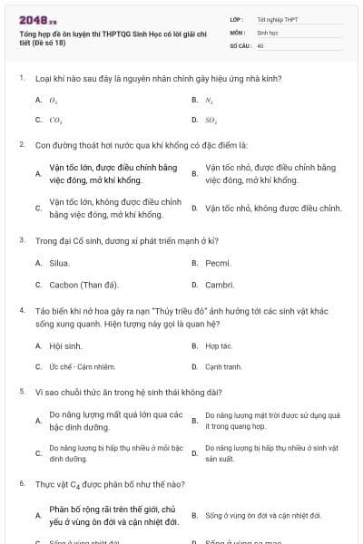 Tổng hợp đề ôn luyện thi THPTQG Sinh Học có lời giải chi tiết (Đề số 18)