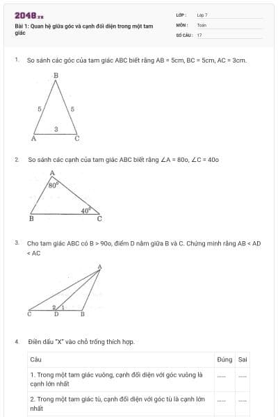 Bài 1: Quan hệ giữa góc và cạnh đối diện trong một tam giác