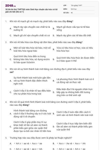 30 Đề thi thử THPTQG môn Sinh Học chuẩn cấu trúc có lời giải chi tiết (Đề số 1)