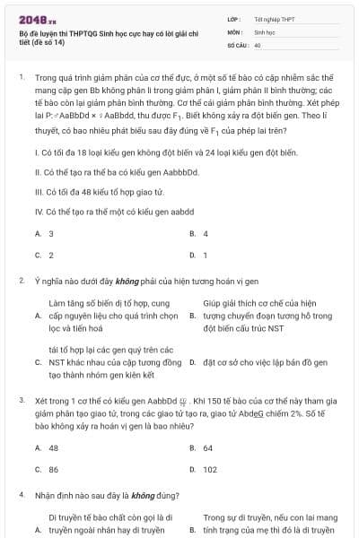 Bộ đề luyện thi THPTQG Sinh học cực hay có lời giải chi tiết (đề số 14)