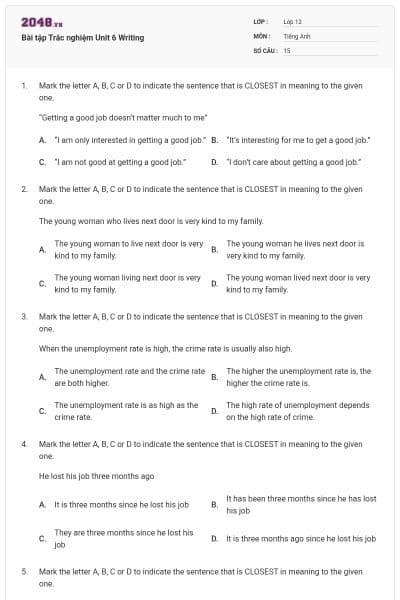 Bài tập Trắc nghiệm Unit 6 Writing