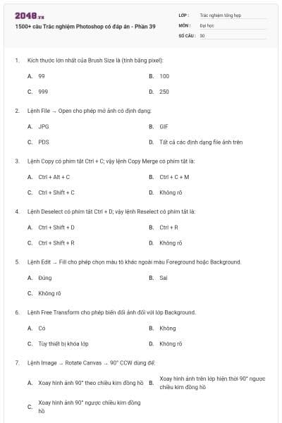 1500+ câu Trắc nghiệm Photoshop có đáp án - Phần 39