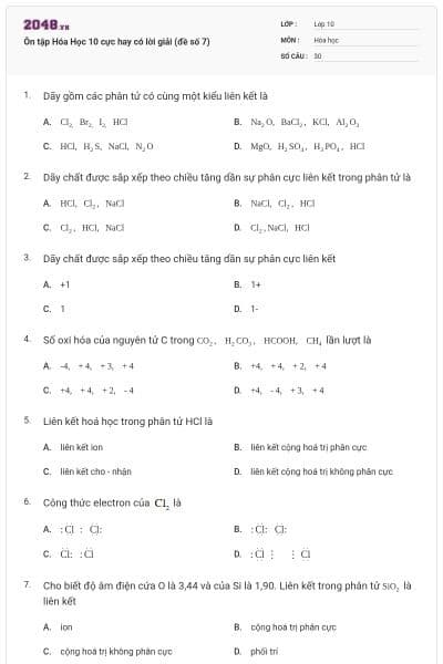 Ôn tập Hóa Học 10 cực hay có lời giải (đề số 7)