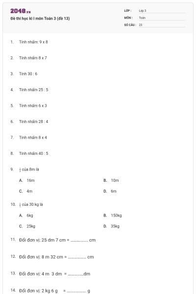 Đề thi học kì I môn Toán 3 (đề 13)