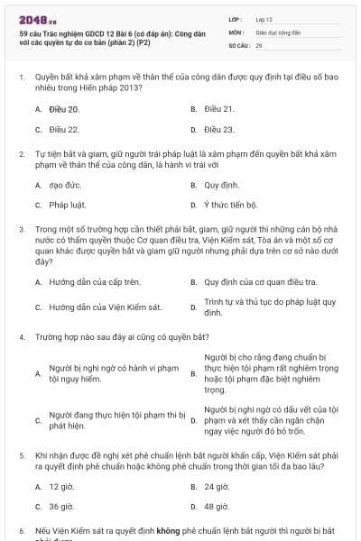 59 câu Trắc nghiệm GDCD 12 Bài 6 (có đáp án): Công dân với các quyền tự do cơ bản (phần 2) (P2)