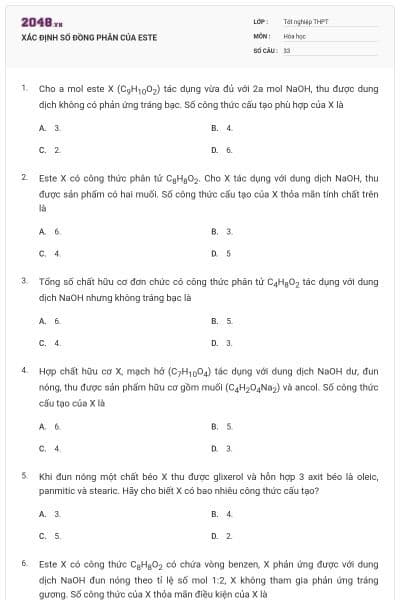 XÁC ĐỊNH SỐ ĐỒNG PHÂN CỦA ESTE