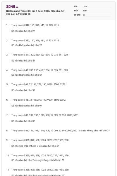 Bài tập ôn hè Toán 4 lên lớp 5 Dạng 2: Dấu hiệu chia hết cho 2, 3, 5, 9 có đáp án