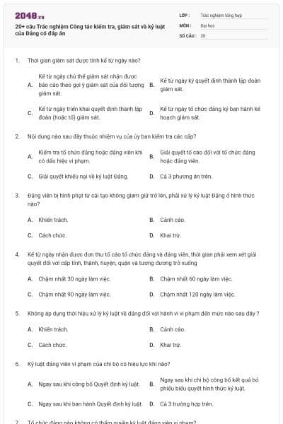20+ câu Trắc nghiệm Công tác kiểm tra, giám sát và kỷ luật của Đảng có đáp án