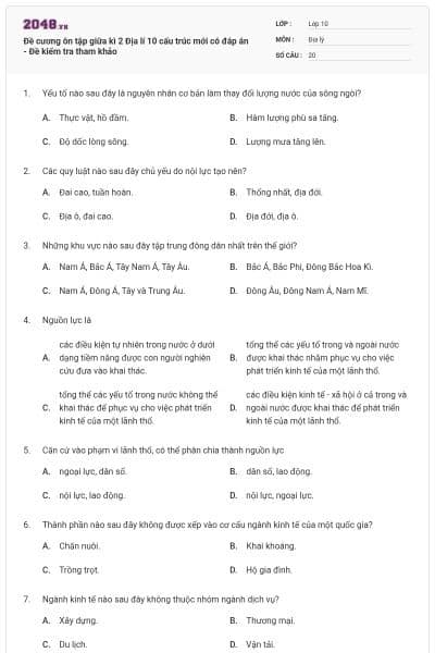 Đề cương ôn tập giữa kì 2 Địa lí 10 cấu trúc mới có đáp án - Đề kiểm tra tham khảo