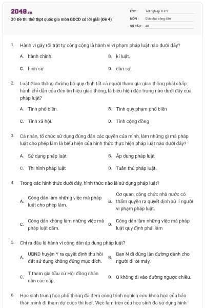 30 Đề thi thử thpt quốc gia môn GDCD có lời giải (Đề 4)