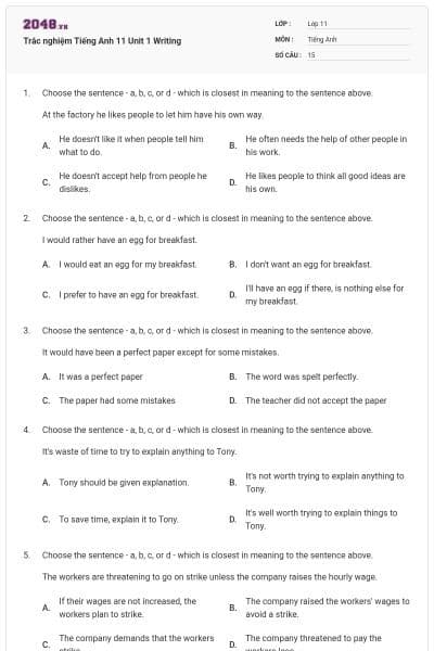 Trắc nghiệm Tiếng Anh 11 Unit 1 Writing