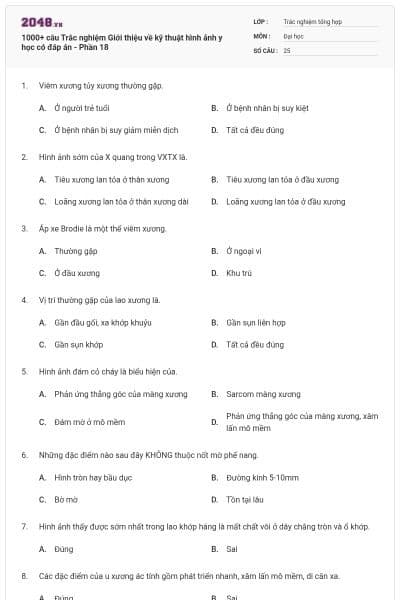 1000+ câu Trắc nghiệm Giới thiệu về kỹ thuật hình ảnh y học có đáp án - Phần 18