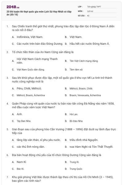20 Đề luyện thi thpt quốc gia môn Lịch Sử Hay Nhất có đáp án (đề 16)