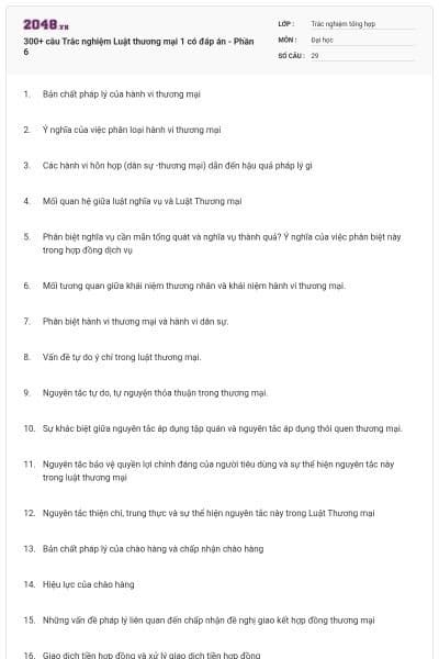 300+ câu Trắc nghiệm Luật thương mại 1 có đáp án - Phần 6
