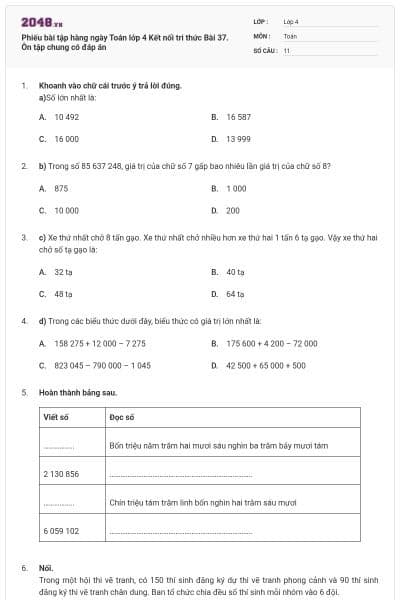 Phiếu bài tập hàng ngày Toán lớp 4 Kết nối tri thức Bài 37. Ôn tập chung có đáp án