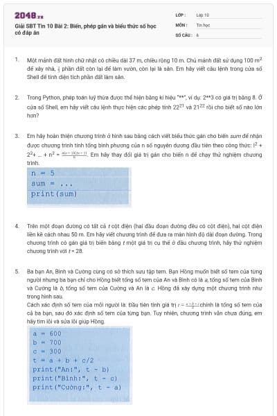 Giải SBT Tin 10 Bài 2: Biến, phép gán và biểu thức số học có đáp án