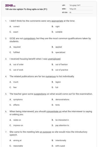 100 câu trắc nghiệm Từ đồng nghĩa cơ bản (P1)