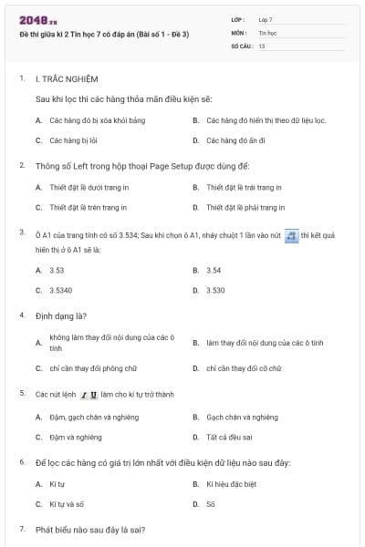 Đề thi giữa kì 2 Tin học 7 có đáp án (Bài số 1 - Đề 3)