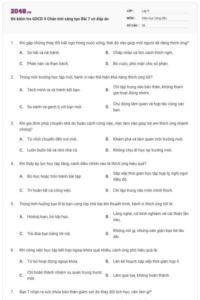 Đề kiểm tra GDCD 9 Chân trời sáng tạo Bài 7 có đáp án
