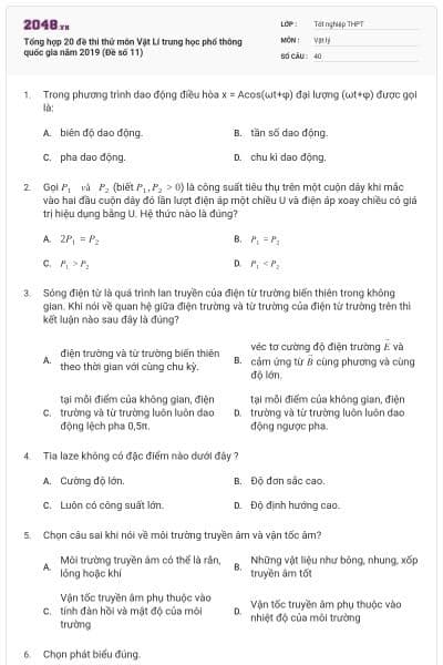 Tổng hợp 20 đề thi thử môn Vật Lí trung học phổ thông quốc gia năm 2019 (Đề số 11)
