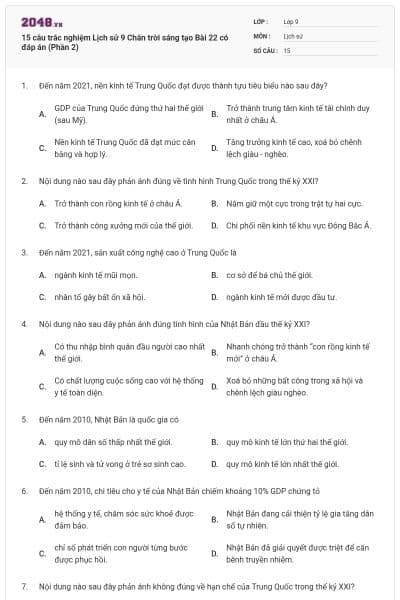 15 câu trắc nghiệm Lịch sử 9 Chân trời sáng tạo Bài 22 có đáp án (Phần 2)