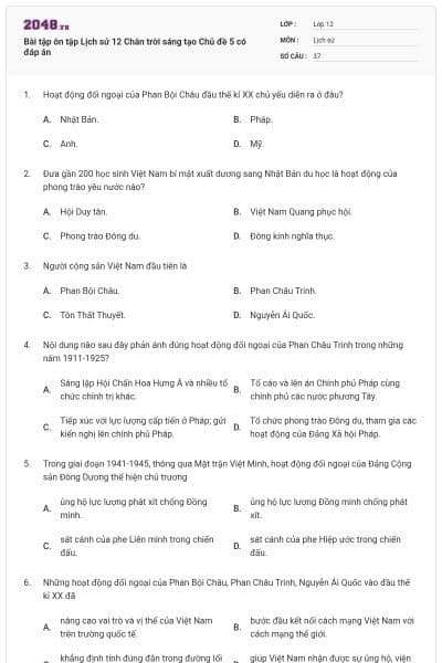 Bài tập ôn tập Lịch sử 12 Chân trời sáng tạo Chủ đề 5 có đáp án