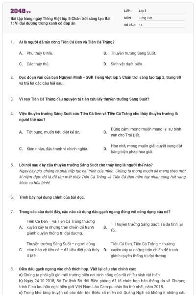 Bài tập hàng ngày Tiếng Việt lớp 5 Chân trời sáng tạo Bài 1: Vì đại dương trong xanh có đáp án