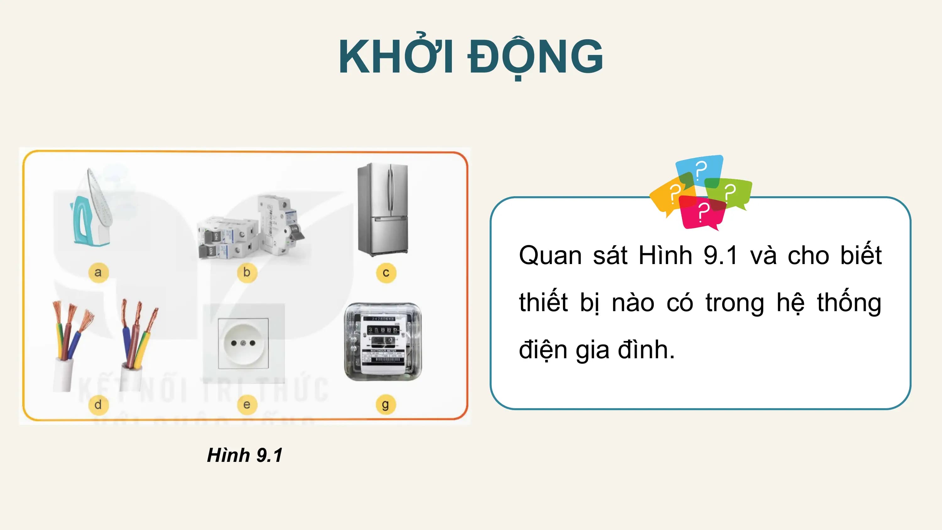 KHỞI ĐỘNG

 Quan sát Hình 9.1 và cho biết
 thiết bị nào có trong hệ thống
 điện gia đình.

Hình 9.1