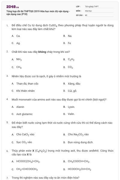 Tổng hợp đề thi THPTQG 2019 Hóa học mức độ vận dụng - vận dụng cao (P18)