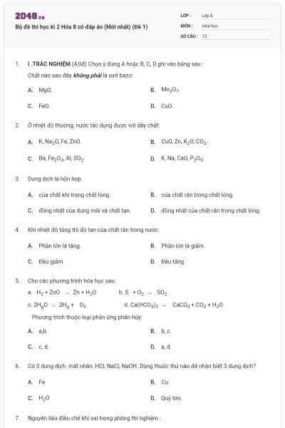 Bộ đề thi học kì 2 Hóa 8 có đáp án (Mới nhất) (Đề 1)
