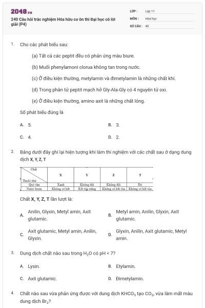 240 Câu hỏi trắc nghiệm Hóa hữu cơ ôn thi Đại học có lời giải (P4)