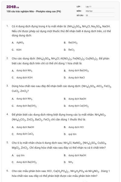 100 câu trắc nghiệm Nito - Photpho nâng cao (P6)