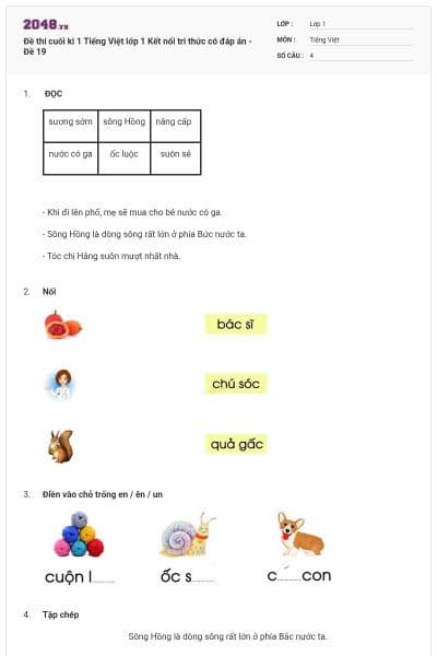 Đề thi cuối kì 1 Tiếng Việt lớp 1 Kết nối tri thức có đáp án - Đề 19