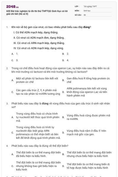 600 Bài trắc nghiệm từ đề thi thử THPTQG Sinh Học có lời giải chi tiết (Đề số 8)