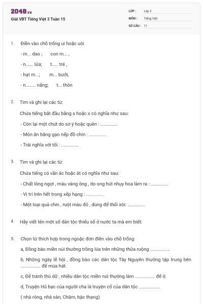 Giải VBT Tiếng Việt 3 Tuần 15
