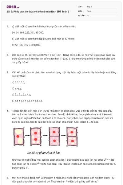 Bài 5: Phép tính lũy thừa với số mũ tự nhiên - SBT Toán 6
