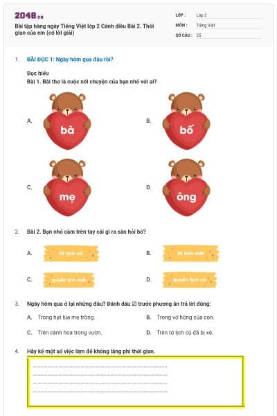 Bài tập hàng ngày Tiếng Việt lớp 2 Cánh diều Bài 2. Thời gian của em (có lời giải)
