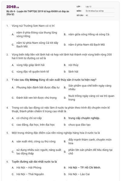 Bộ đề 4 - Luyện thi THPTQG 2019 tổ hợp KHXH có đáp án (Địa lý)