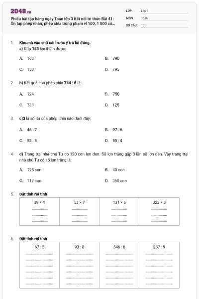 Phiếu bài tập hàng ngày Toán lớp 3 Kết nối tri thức Bài 41: Ôn tập phép nhân, phép chia trong phạm vi 100, 1 000 có đáp án