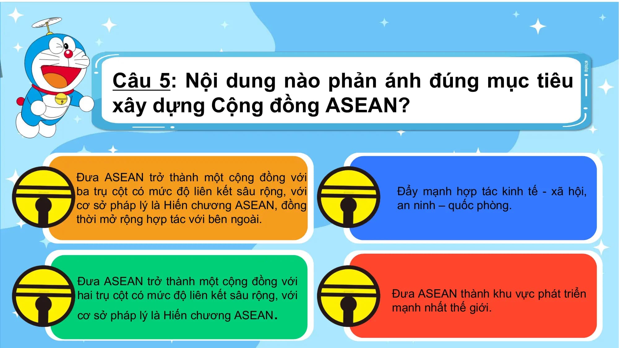Câu 5: Nội dung nào phản ánh đúng mục tiêu
 xây dựng Cộng đồng ASEAN?

Đưa ASEAN trở thành một cộng đồng với
ba trụ cột có mức độ liên kết sâu rộng, với Đẩy mạnh hợp tác kinh tế - xã hội,
cơ sở pháp lý là Hiến chương ASEAN, đồng an ninh – quốc phòng.
thời mở rộng hợp tác với bên ngoài.

Đưa ASEAN trở thành một cộng đồng với
hai trụ cột có mức độ liên kết sâu rộng, với Đưa ASEAN thành khu vực phát triển
cơ sở pháp lý là Hiến chương ASEAN.
 mạnh nhất thế giới.