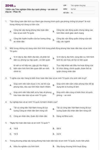 1000+ câu Trắc nghiệm Giáo dục quốc phòng – an ninh có đáp án - Phần 45