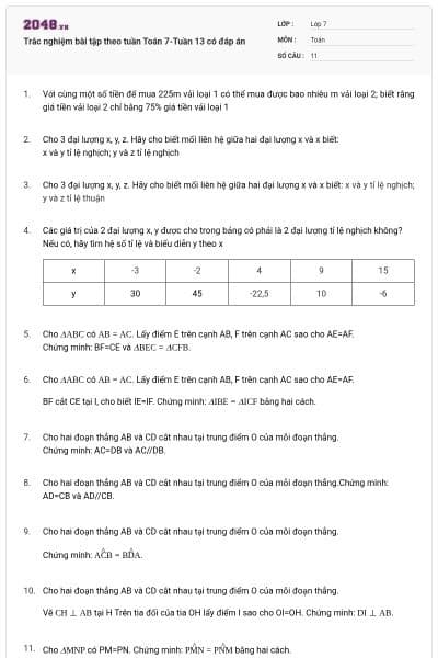 Trắc nghiệm bài tập theo tuần Toán 7-Tuần 13 có đáp án
