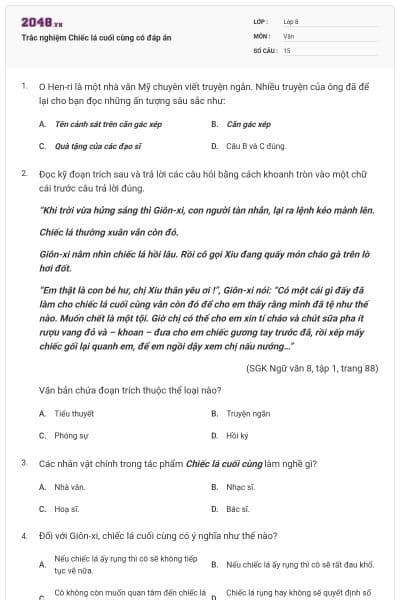 Trắc nghiệm Chiếc lá cuối cùng có đáp án